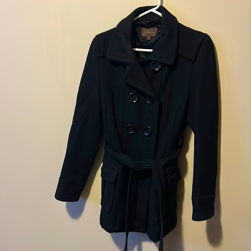 Ladies Size 6 double breasted, short wool belted trench.